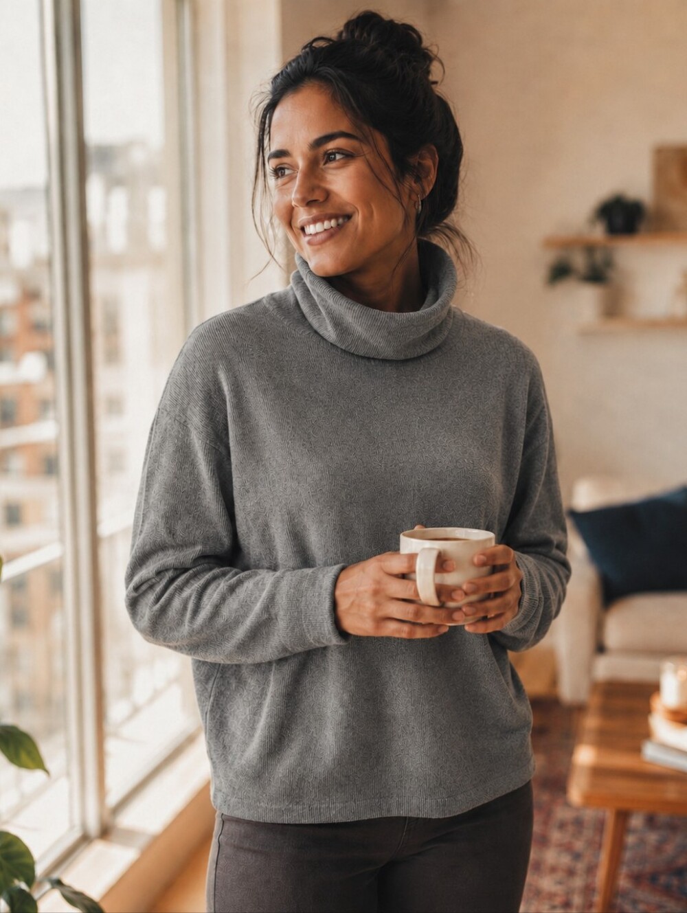 Uniqlo Grey Ribbed Mock Neck Fleece Pullover